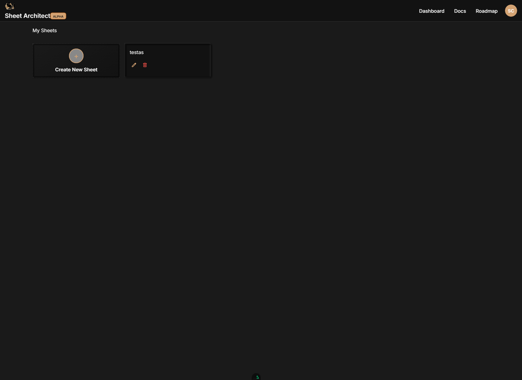 The Sheet Architect dashboard showing sheet cards and the Create New Sheet button