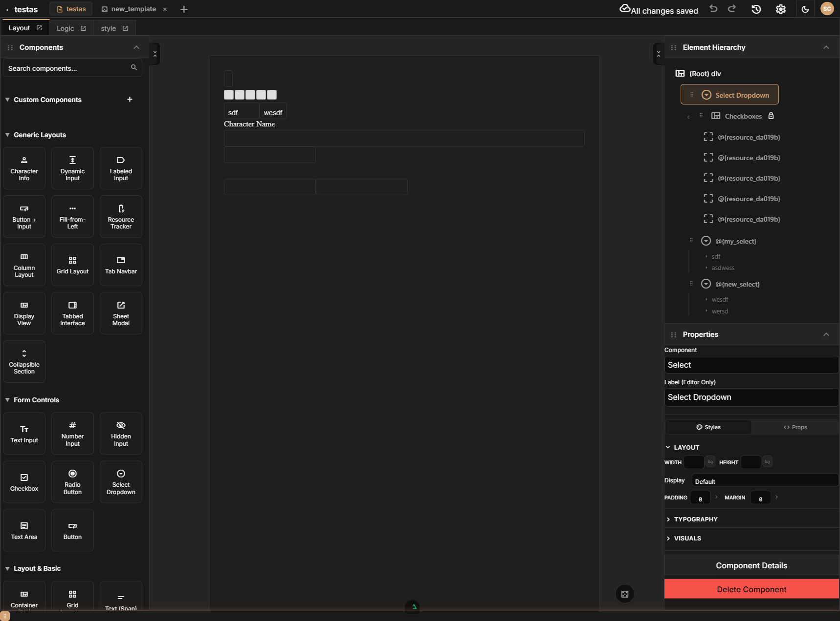 An element selected on the canvas with its hierarchy node highlighted and inspector populated