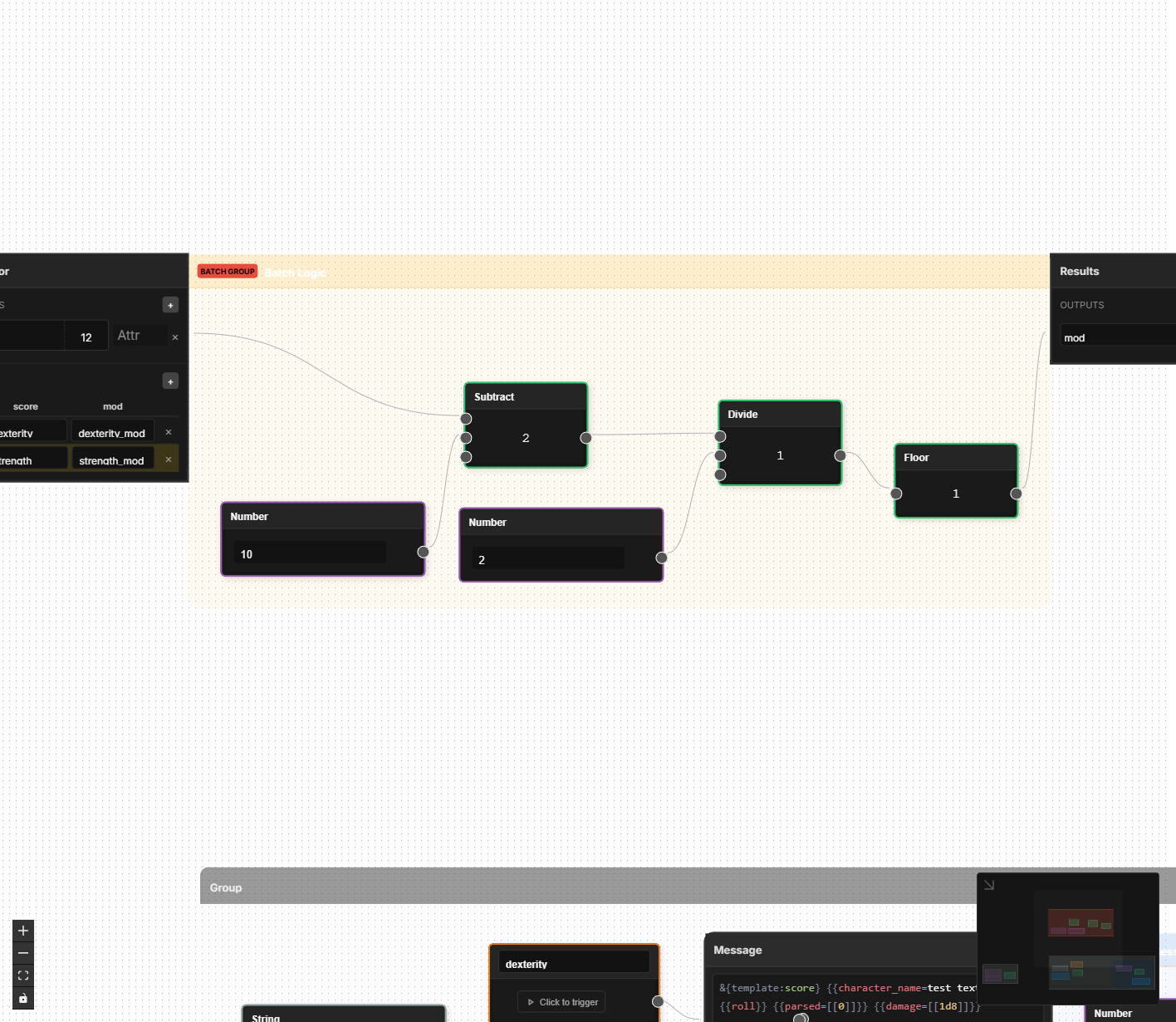 A logic graph showing different node types — Number nodes (purple), math nodes like Subtract, Divide, and Floor (green), and a Batch Processor group