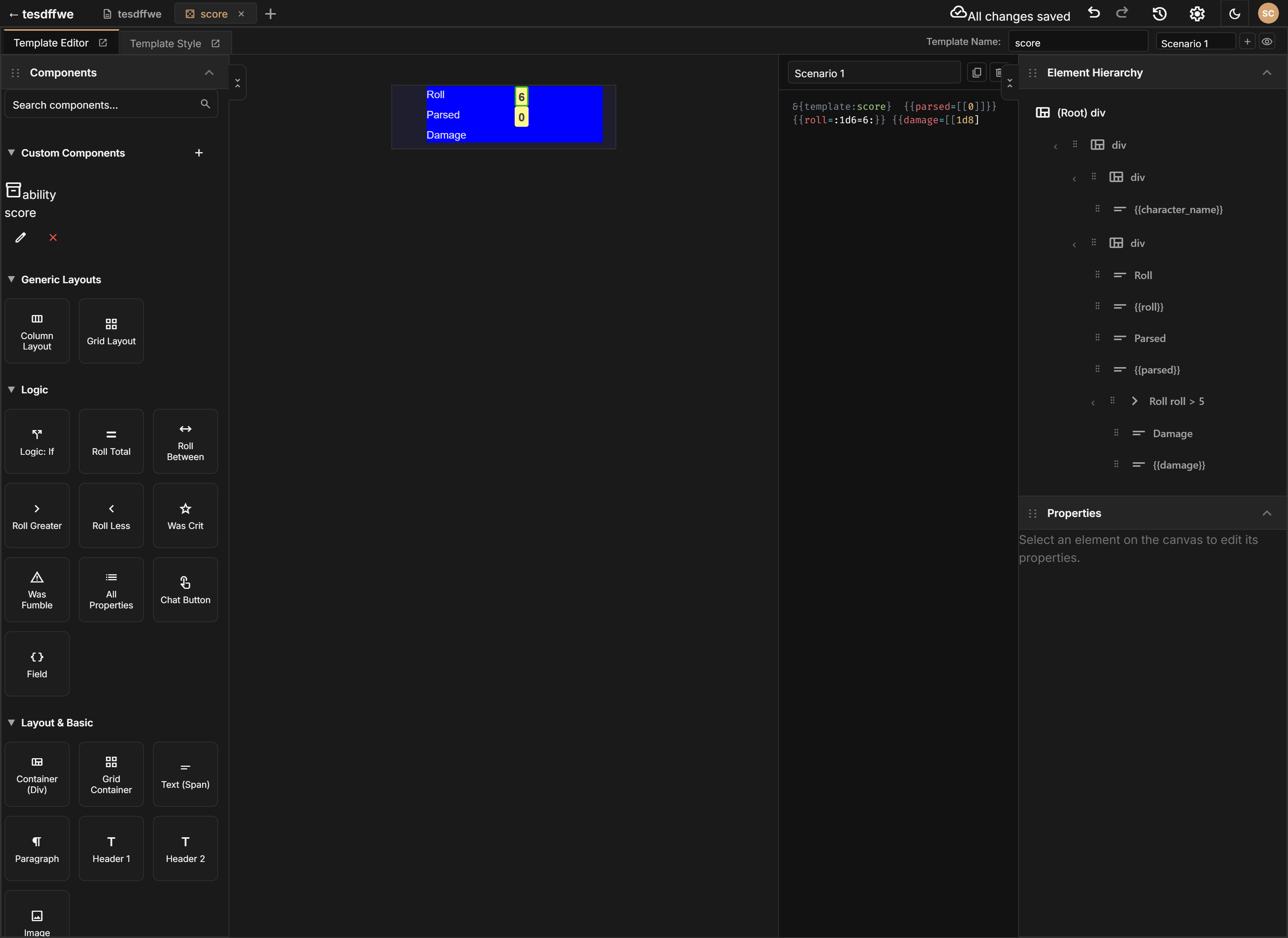 Roll Template Editor interface showing the component sidebar, canvas preview, scenario editor, and element hierarchy
