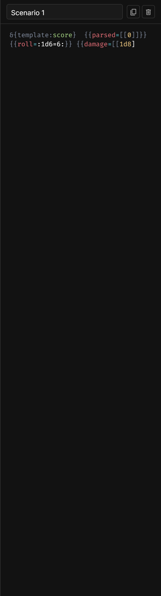 Scenario editor panel with macro syntax and field entries