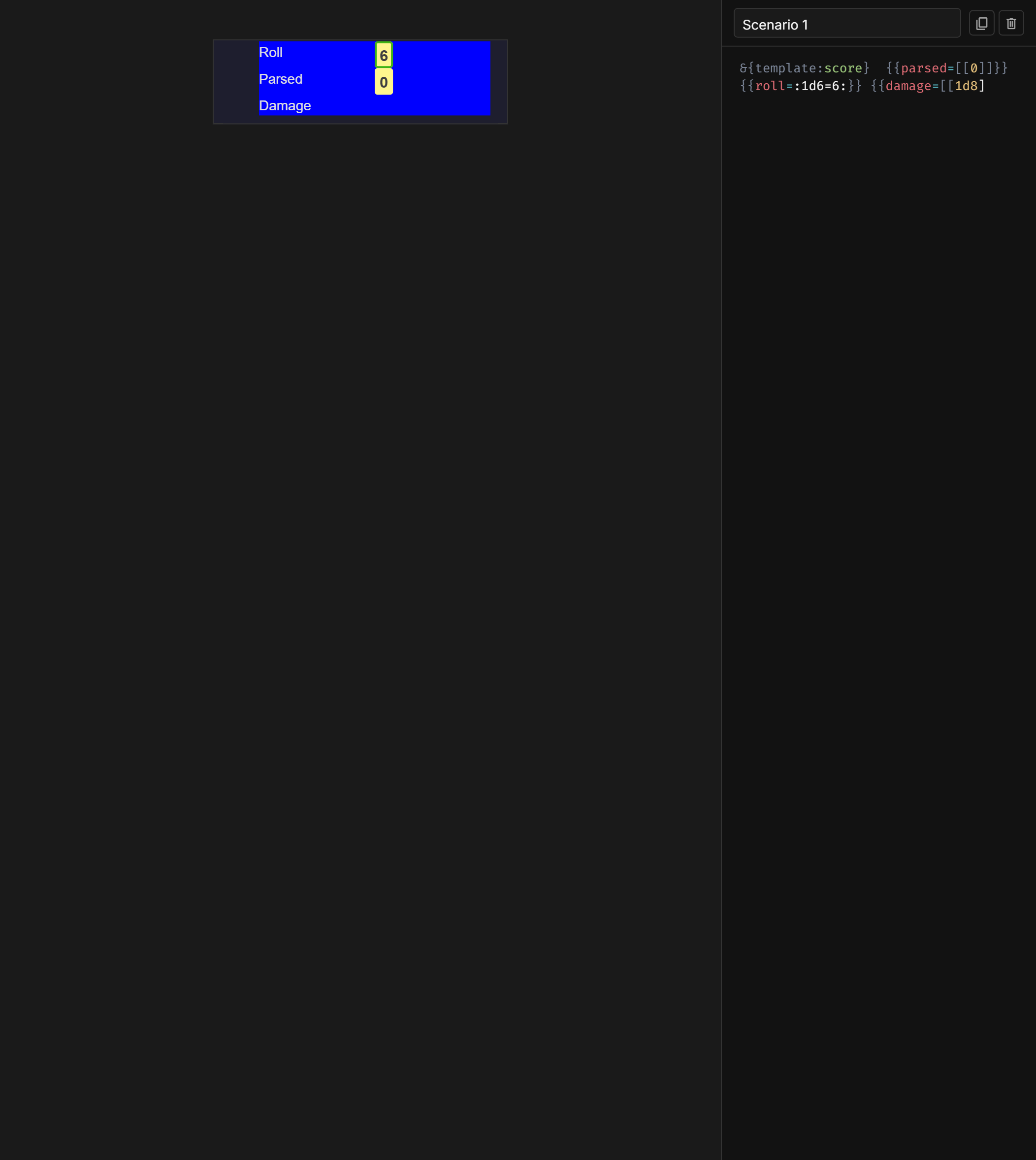 Template canvas showing a roll template preview with rendered field values