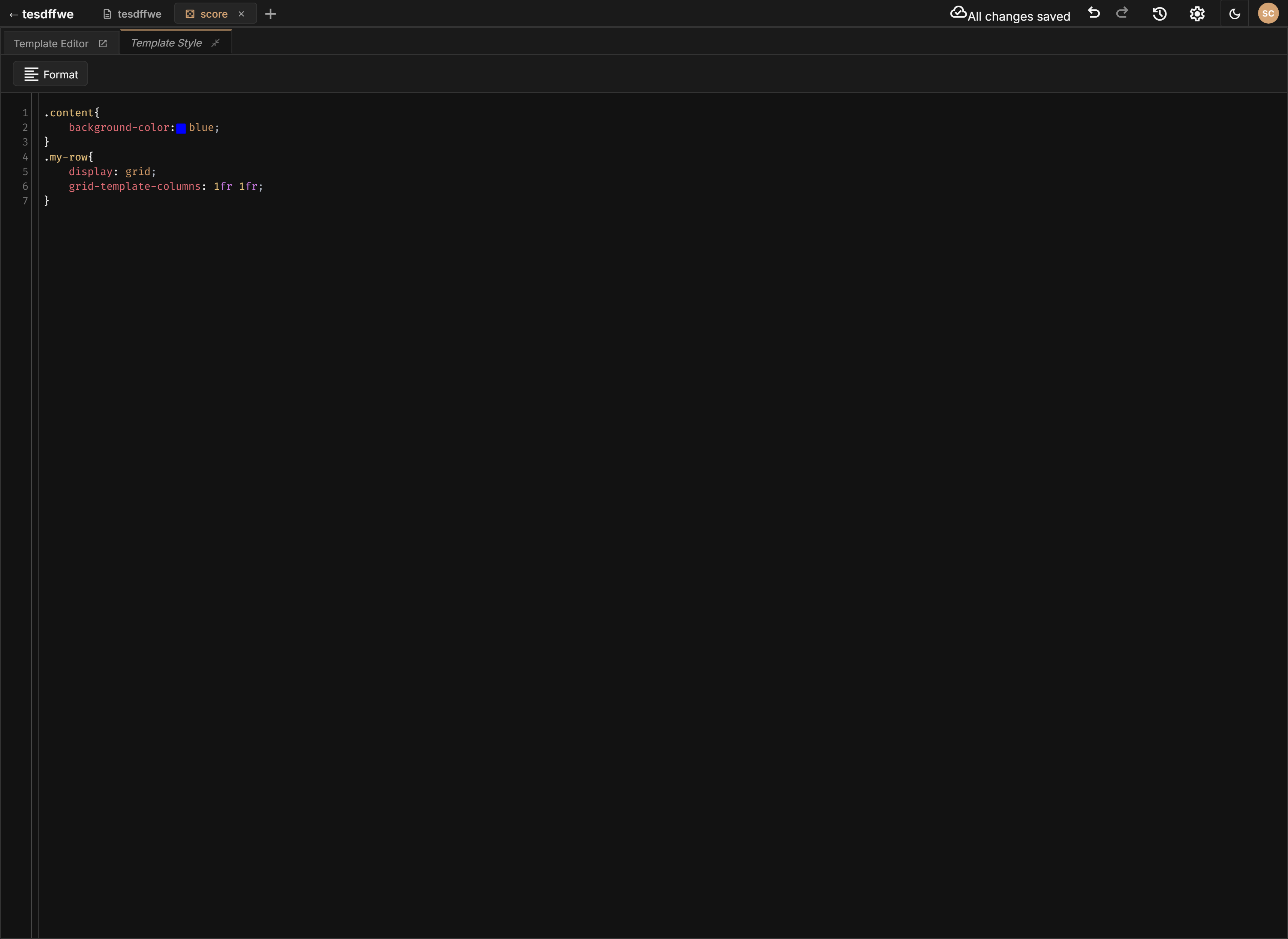 Template CSS editor with syntax highlighting
