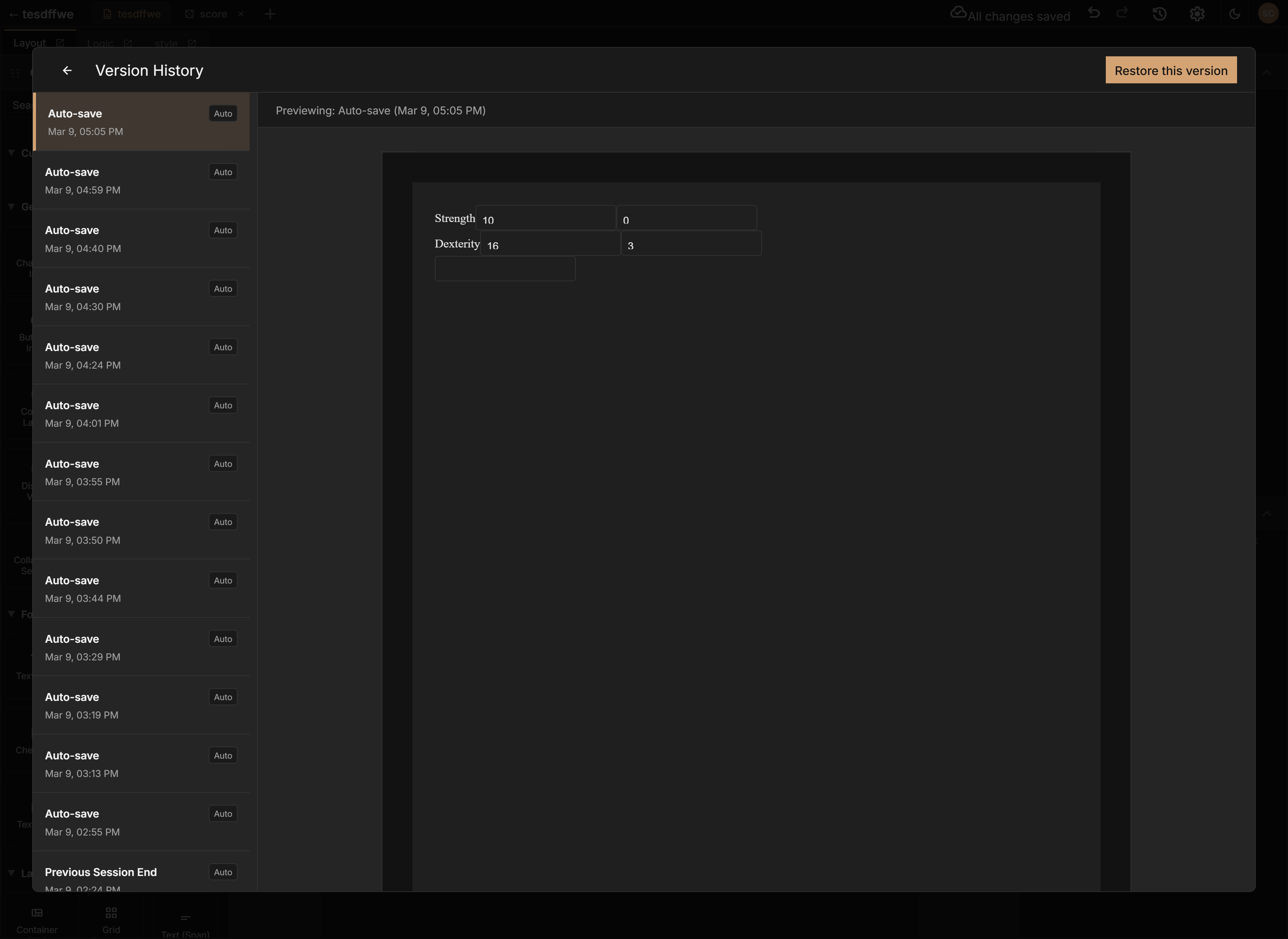 Version history panel showing saved versions with timestamps and a preview of the selected version